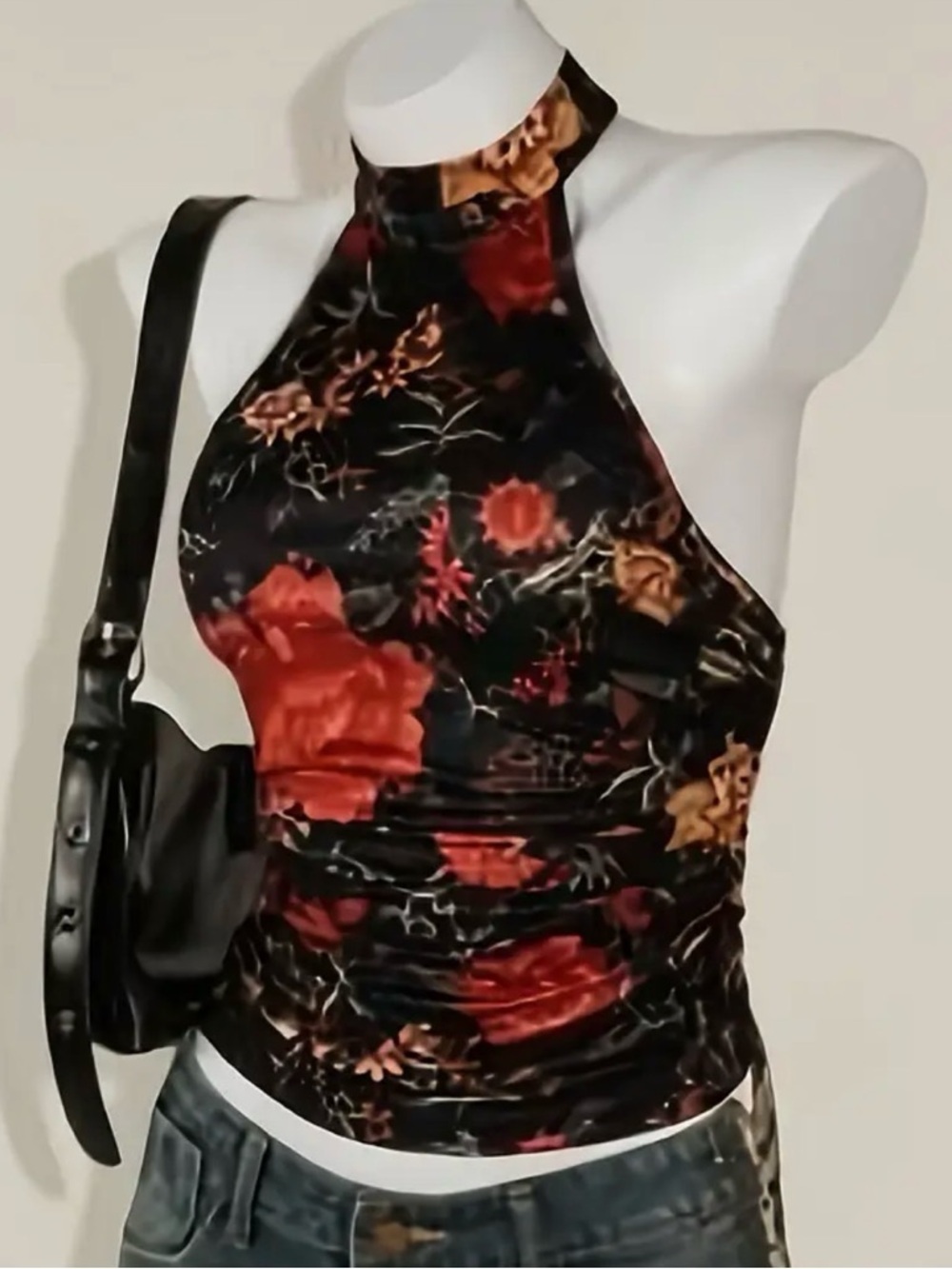 Women's Black Halter Tank Top with Red Floral Print - Picture 6 of 6